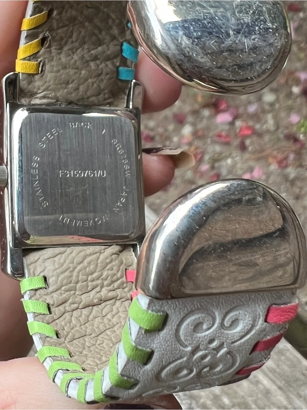 White Leather Cuff Watch with Multicolor Stitch Accents NWOT